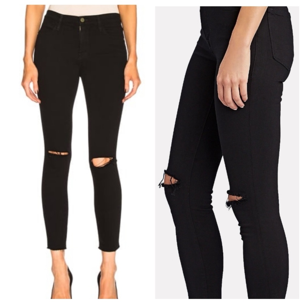Frame Ali High Rise Cigarette Jeans in Black Distressed Holes at Knees, Size 29